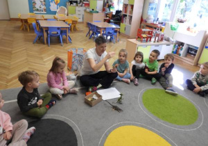 Dzieci siedzą na dywanie i uczestniczą w zajęciach Klubu Dociekliwego Przedszkolaka.