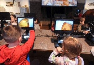 Dzieci oglądają eksponaty w Muzeum Ziemi.